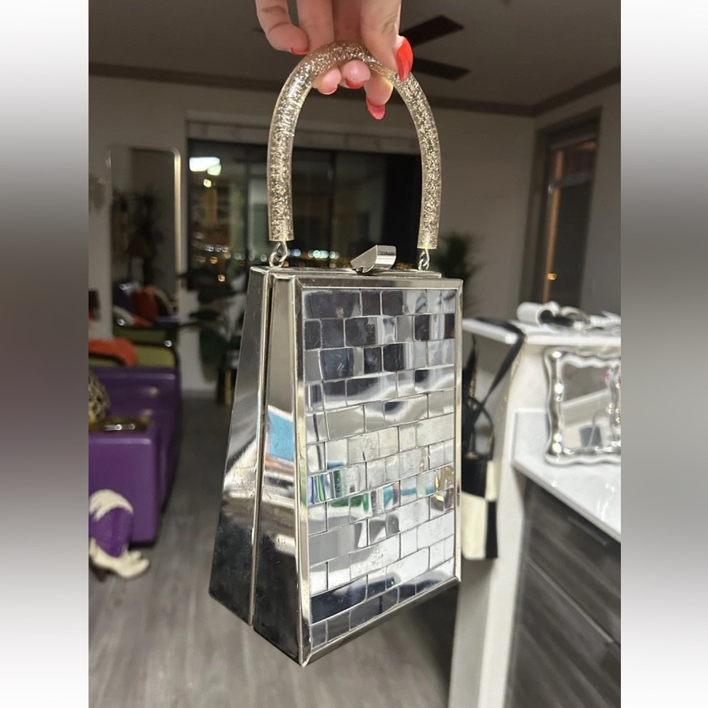 1950s Vintage Dorset Rex Lattice Chrome Box Bag With Confetti Lucite Handle - Picture 4 of 15